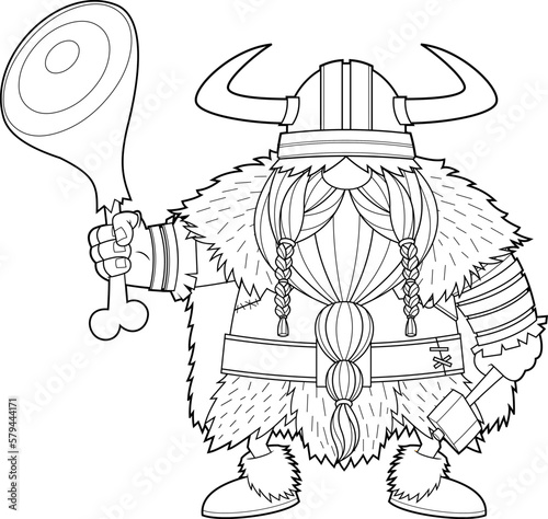 Outlined Gnome Viking Warrior Cartoon Character Holding A Pork Leg And Axe Vector Hand Drawn Illustration Isolated On Transparent Background