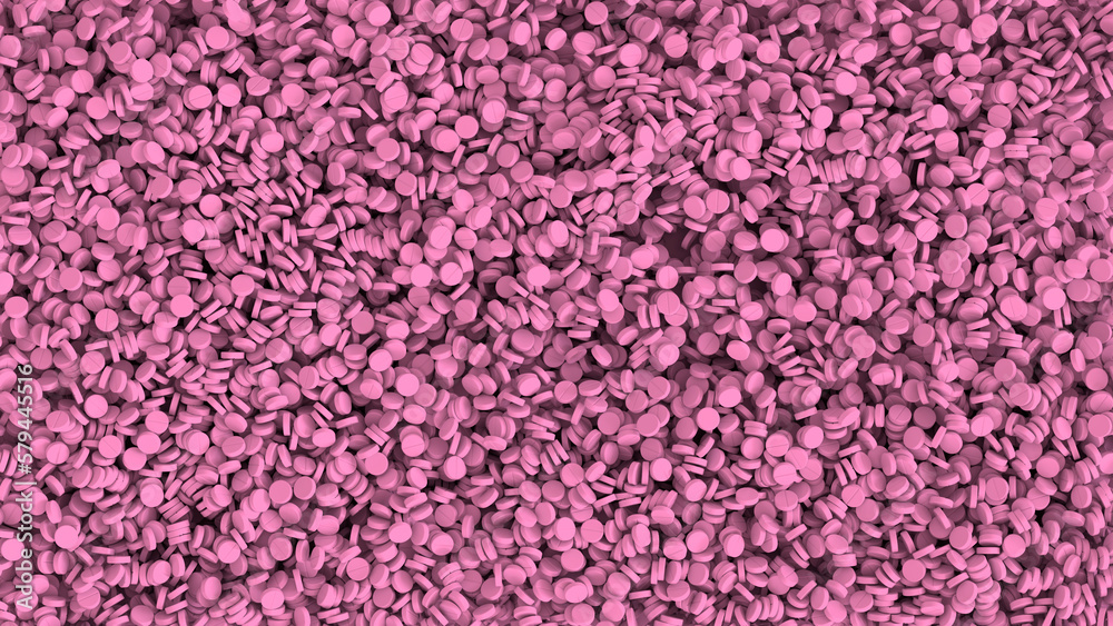 Obraz premium drugs, pink small tablets, vitamins, pills, medicinal background, concept development medicine, pharmacology, health, humanization care, drug addiction problems, day medic, overdose, 3d rendering