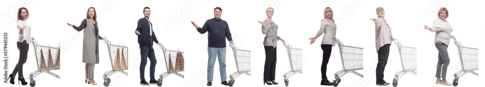 group of people with shopping cart on white group of people with shopping cart on white