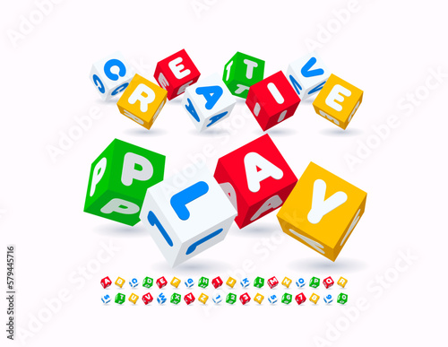 Vector childish emblem Creative Play with 3D funny Font. Colorful cubed Alphabet Letters and Numbers set