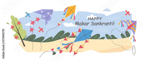Indian holiday Makar Sankranti festival poster or greeting banner design with kites flying in the sky, flat cartoon vector illustration isolated on white background.