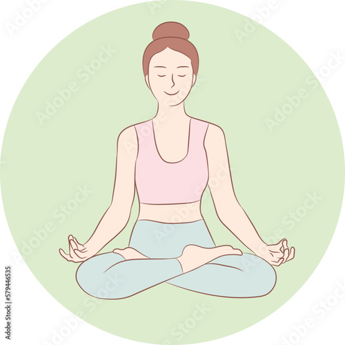 Young woman is sitting in lotus position with closed eyes and smile. Girl doing yoga and meditating. Selfcare and inner harmony. Meditation and healthy lifestyle in line vector art