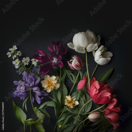 Spring flowers bouquet on a black background, copy space. Beautiful floral composition with red, pink, white tulip, blue bells and narcissus flowers. Generative ai illustration in watercolor style