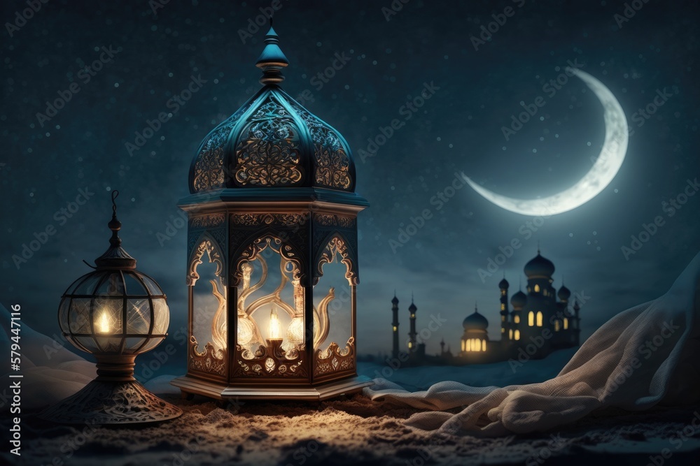 Muslim Holy Month Ramadan Kareem - Ornamental Arabic Lantern With Burning Candle Glowing At Evening,generative ai.