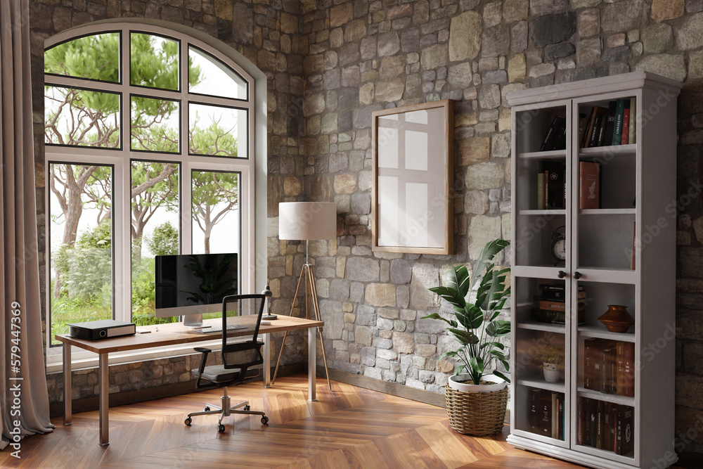 Obraz premium comfortable workplace with pc standing on wooden desk in office at home; bright sunlight shines through large window; wall; with canvas copy space; remote work freelance concept; 3D Illustration