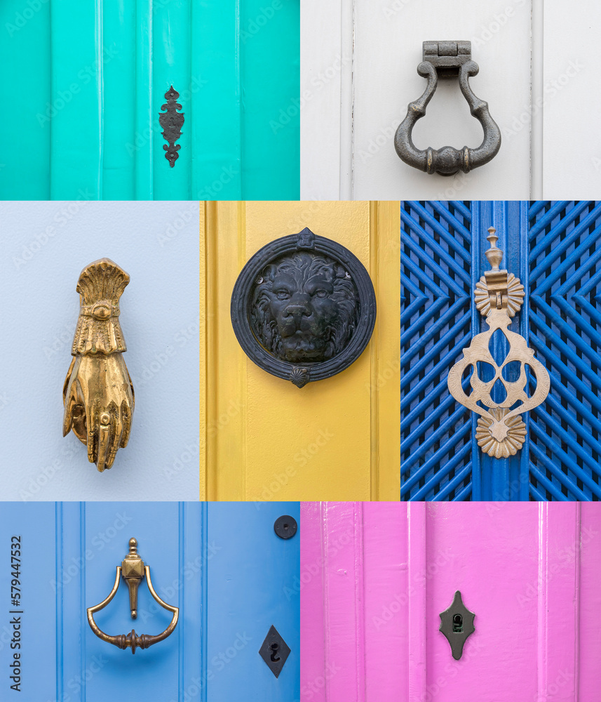 Old knockers and door locks in metal from the colonial period and wooden doors in different colors. Montage with 7 photographs. Paraty, Brazil. - obrazy, fototapety, plakaty 