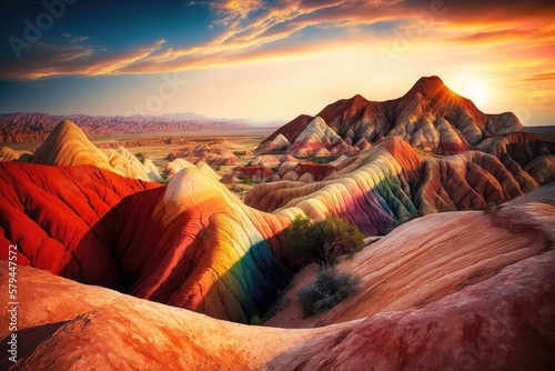 Sunset above Rainbow Mountain is a sight to behold. Locale Zhangye Danxia National Geopark, Gansu, China. Variegated topography, sandstone erosion, and rainbow hills. Generative AI photo