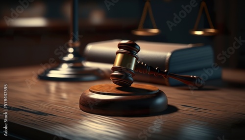 Judge's gavel and scales of justice on table in courtroom. Court concept. 3D realistic illustration. Based on Generative AI