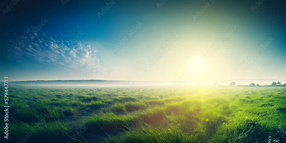 Beautiful panoramic natural landscape of a green field with grass against a blue sky with sun. Spring summer. Generative AI.
