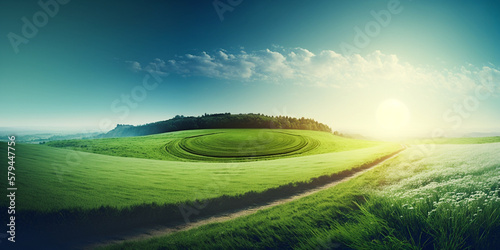 Beautiful panoramic natural landscape of a green field with grass against a blue sky with sun. Spring summer. Generative AI.