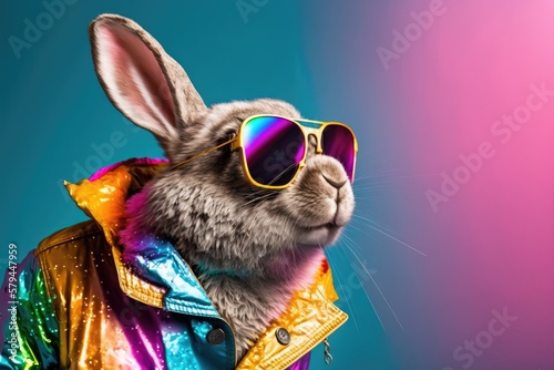 portrait of bunny rabbit celebrating easter festival with splash glittering rainbow papers background.generative ai.