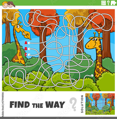 find the way maze game with cartoon giraffe characters