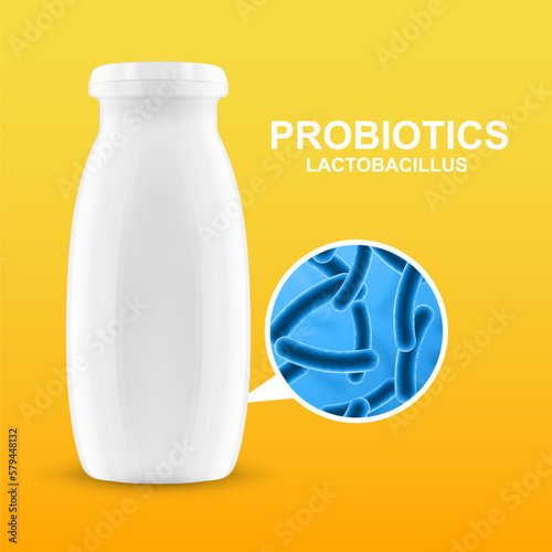 Probiotic products. Concept - Yoghurt with probiotic content. Microbiome on blue background. EPS10 vector
