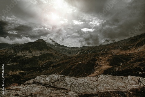 Aerial landscape of the rocky hill San Bernardino covered in dark clouds