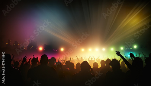 Illustration light show and silhouette audience hands crowd people enjoying club party with concert. 3D realistic illustration. Based on Generative AI