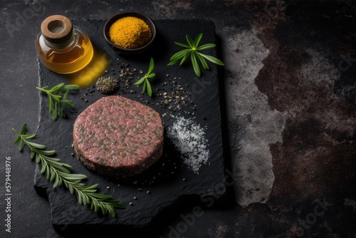 Beef patty cutlets made from raw ground beef. Olive oil as a backdrop for a meat and burger cooking scene. writing space over herb spice arrangement and black stone concrete table. Generative AI © 2rogan