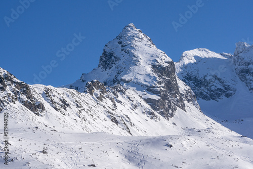View of the Koscielec peak from the Gasienicowa Valley in the Tatra Mountains.