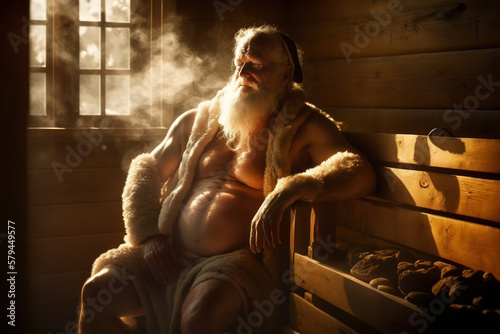 Der Weihnachtsmann entspannt als alter Mann in der Finnischen Dampf Sauna. KI generierter Inhalt. photo