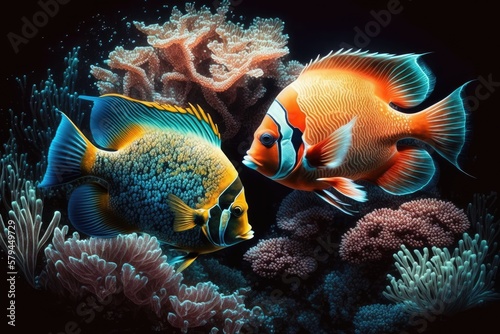 Bright tropical fish of the seaside. Coral reefs are home to a vibrant ecosystem. Marine creatures that live in the ocean. Ecosystem. Generative AI