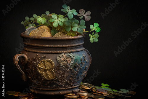 vintage black steel pot full of gold coins and leprechaun hat and shamrock leaves ST. Patrick s day concept genrative ai.