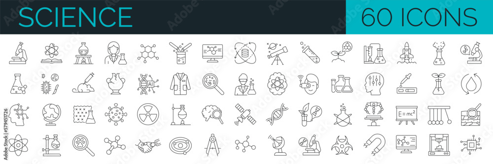 Set of 60 line icons related to science. Outline icons collection. Simple vector illustration. Editable stroke - obrazy, fototapety, plakaty 