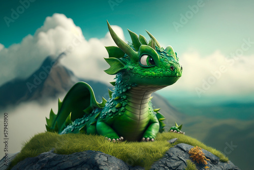 Green dragon on the top of the mountain against the backdrop of blacks and mountains.Generative AI technology.