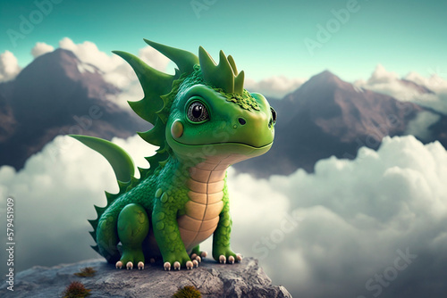 Green dragon on the top of the mountain against the backdrop of blacks and mountains.Generative AI technology.