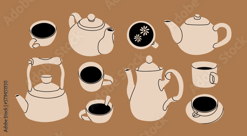 Set of various cups and teapots with fresh hot tea. Hand drawn modern Vector illustration. Isolated design elements. Natural tasty drink, tea party, ceremony, cafe, hot healthy beverage concept