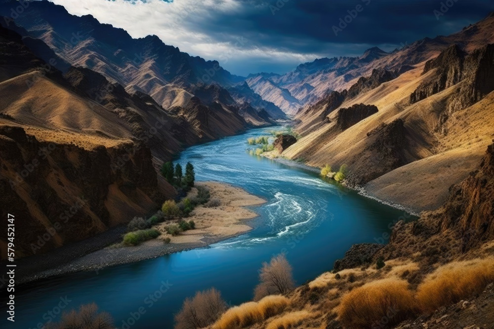 Fototapeta premium This is a picture of the Snake River at Hells Canyon, which is right on the border between Idaho and Oregon. Generative AI