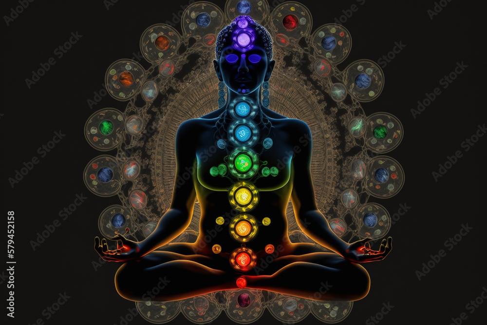 Concept of meditation and spiritual practice for enlightenment, expanding of consciousness, chakras and astral body activation, mystical inspiration image