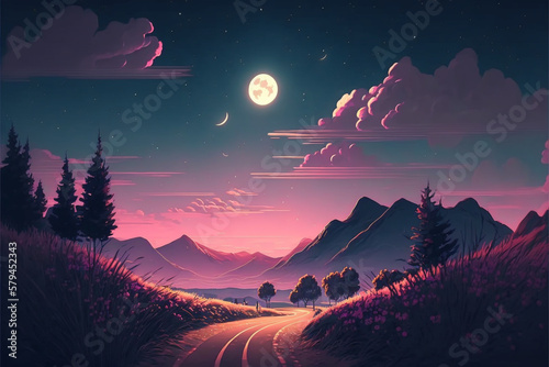 ofi style. Etheral night. Calming and relaxing. Road, mountaings, full moon, stars, trees, meadow, clouds. Dark blue, purple. Chill atmosphere. Illustration artwork. Generative AI photo