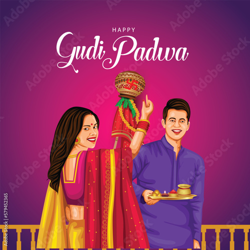 decorated background of happy Gudi Padwa celebration of India. celebrate with Maharashtrian family. vector illustration design photo