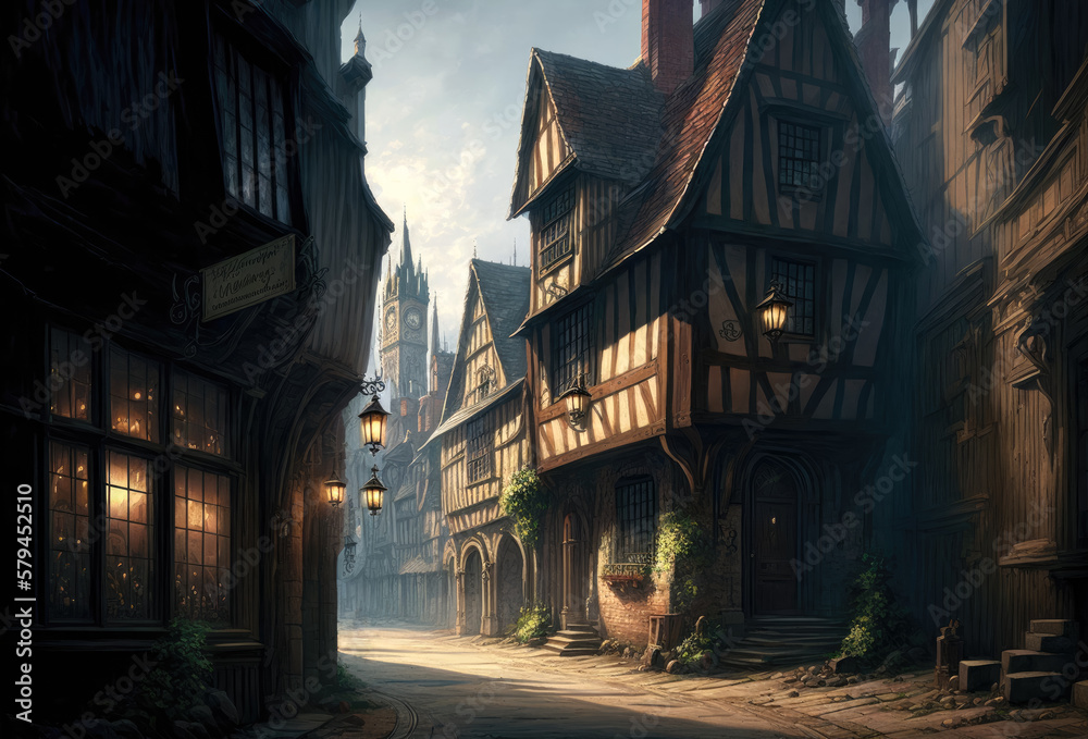 A narrow medieval street with old houses on both sides. Created with Generative AI.