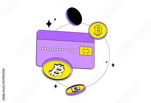 Crypto credit card with bitcoin. Isolated. Cryptocurrency digital wallet online. Coin transfer. Neobrutalism style