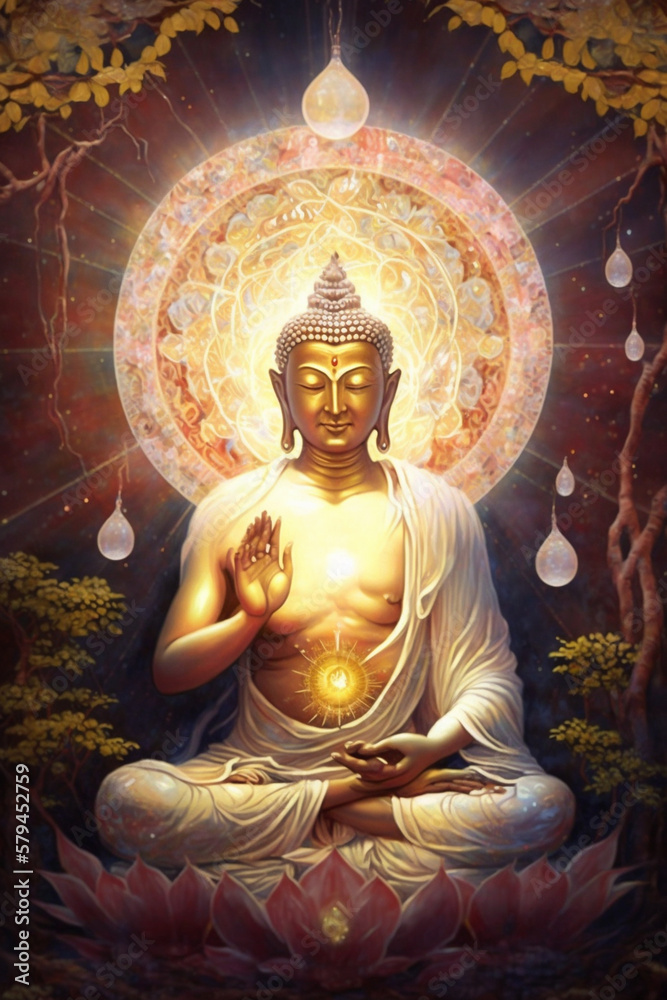 Fototapeta premium Buddha and Buddhism. Concept of meditation and spiritual practice for enlightenment, expanding of consciousness, chakras and astral body activation, mystical inspiration image