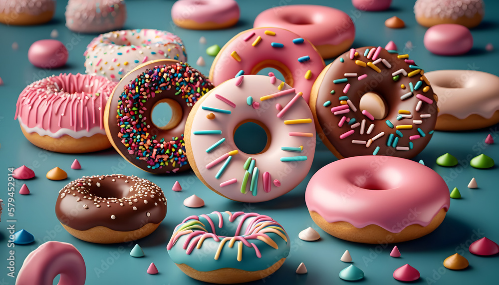 Delicious donuts with various flavors and very colorful, baby colors. generative ai