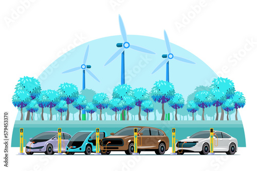 Electric car at charging station against the background of wind turbines. Electromobility e-motion concept. Six electric battery chargers. Wind turbines provide electrical energy.