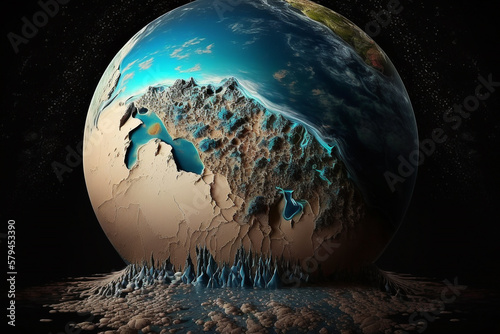 Planet earth without water or dry,waterless pollution,generative ai. photo