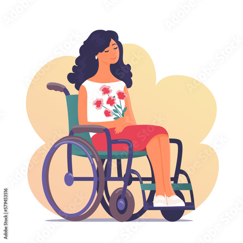 Beautiful young woman in a wheelchair. Happy girl with flowers. Caring for people with disabilities. Vector isolated cartoon illustration