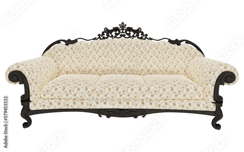 sofa vintage wood classic fabric isolated on white background, 3D PNG. 