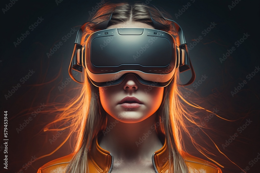 Person wearing VR glasses with a background of a technology image Person wearing VR glasses with a background of a technology image