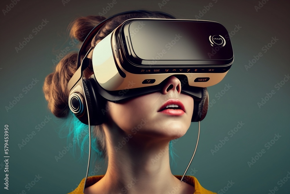 Person wearing VR glasses with a background of a technology image Person wearing VR glasses with a background of a technology image