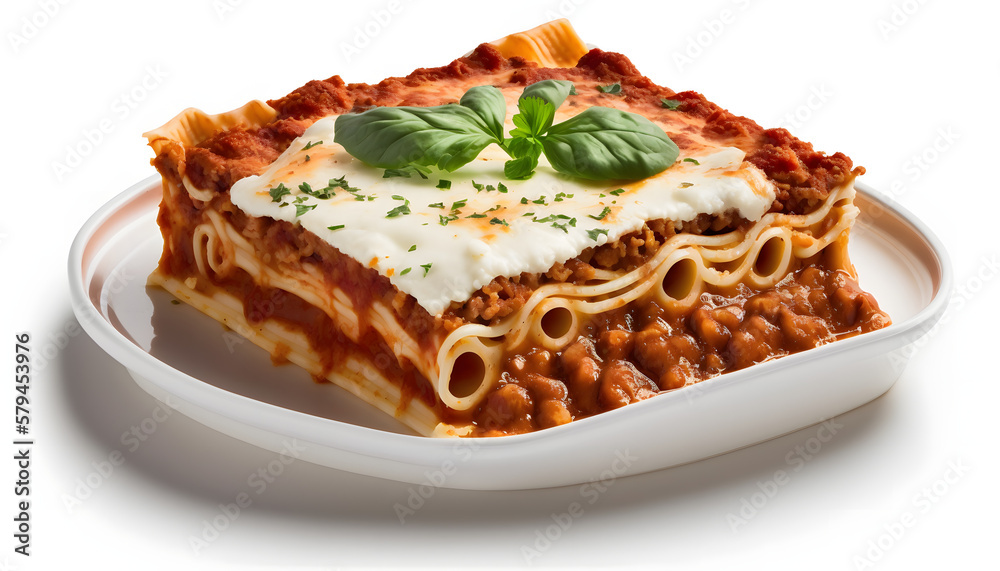 bolognese lasagna isolated on white background for visual arts application in restaurants and diners. generative ai