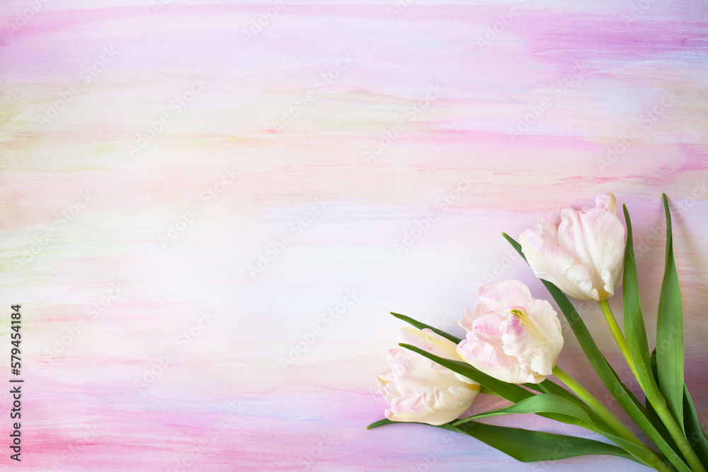 Colorful watercolor paper background with a bouquet of three tulips, space for the text of congratulations on the holidays.