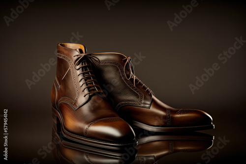 Elegant brown leather shoes for men on brown background. Photo studio style. Ai generative © chandlervid85