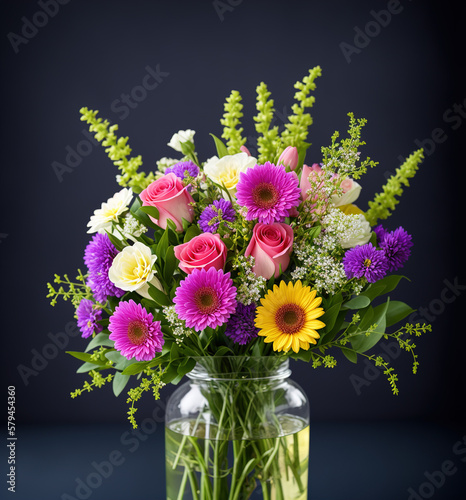Bouquet of flowers in a jar of water. Generative AI of colorful flowers.