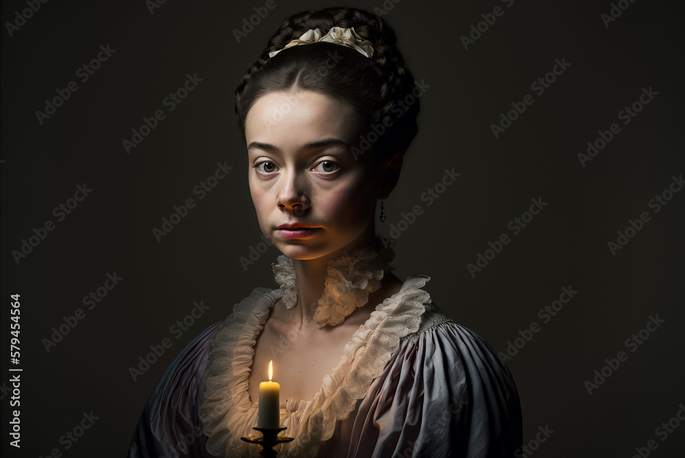 Φωτογραφία candlelight portrait of a young french noblewoman rococo gown, light streaming on the face while posing in the dramatic,genertive ai