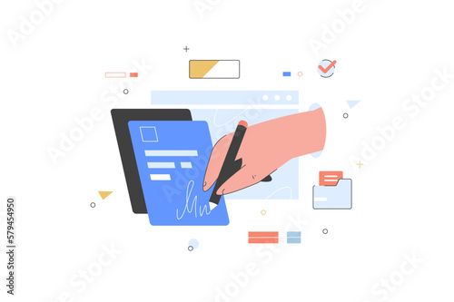 Businessman Sign on document flat vector illustration. Agreement contract document. Files Online. Folders with contracts. Paper with form for signature. Paperwork and business.