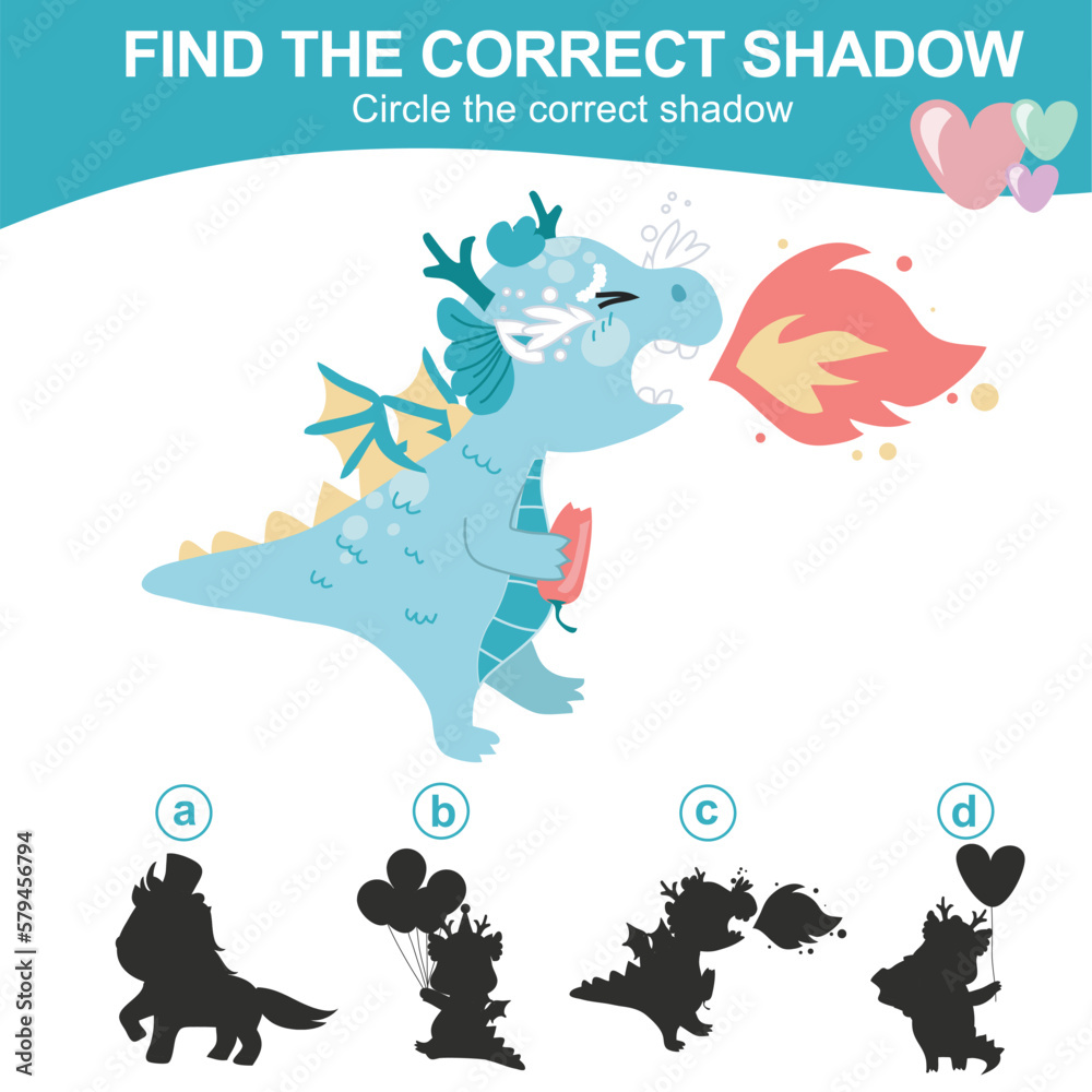 Find the correct shadow. Matching shadow game for children. Worksheet for kid. Educational printable worksheet. Vector illustration. Find the correct shadow. Matching shadow game for children. Worksheet for kid. Educational printable worksheet. Vector illustration.