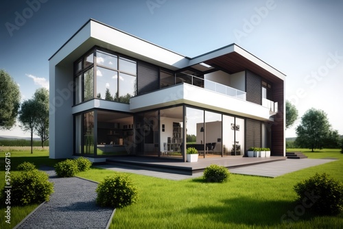 Ultra modern house, luxurious with green lawn and trees. Generative AI © MVProductions